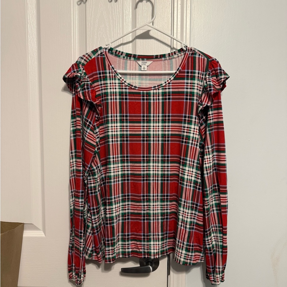 Crown & Ivy Red Plaid Long Sleeve Top